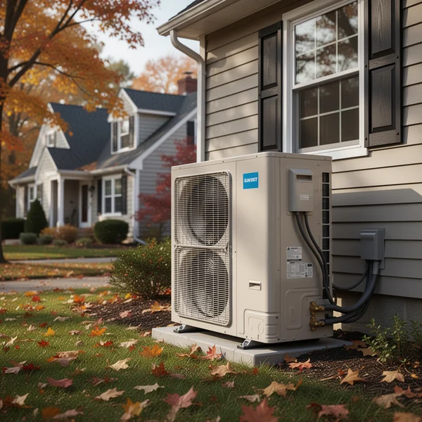 An outdoor heat pump unit mounted on brackets beside an older clapboard house in the Hudson Valley, with a basement oil fill pipe visible on the wall