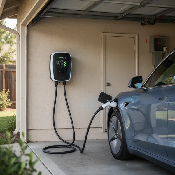 A pole-mounted Level 2 electric vehicle charger on a New York City sidewalk with a car parked at the kerb beside it