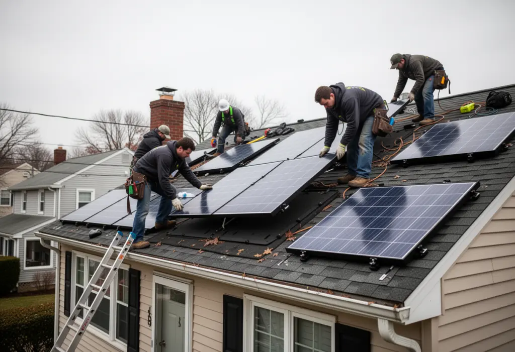 Roof workers carefully demounting solar modules from an asphalt shingle roof of a two storey house in suburban New York