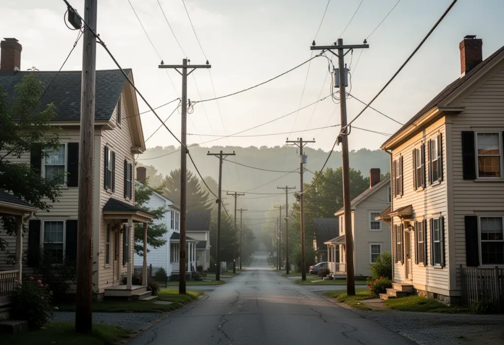 Utility poles and wires along a village street in the Hudson Valley with nineteenth century buildings