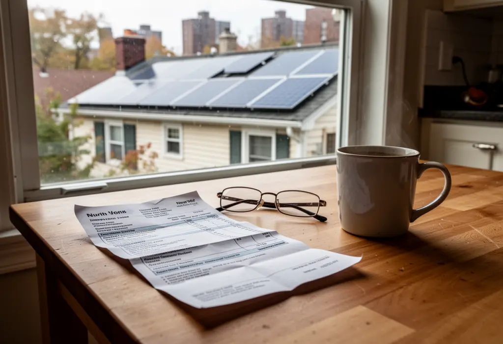 A kitchen table with a paper utility bill, reading glasses and a mug beside a window looking onto a house with rooftop solar in New York