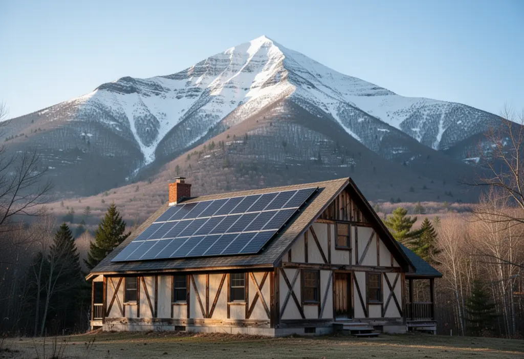 A timber-framed house with rooftop solar panels below high Adirondack peaks in Essex County New York, snow on the mountains