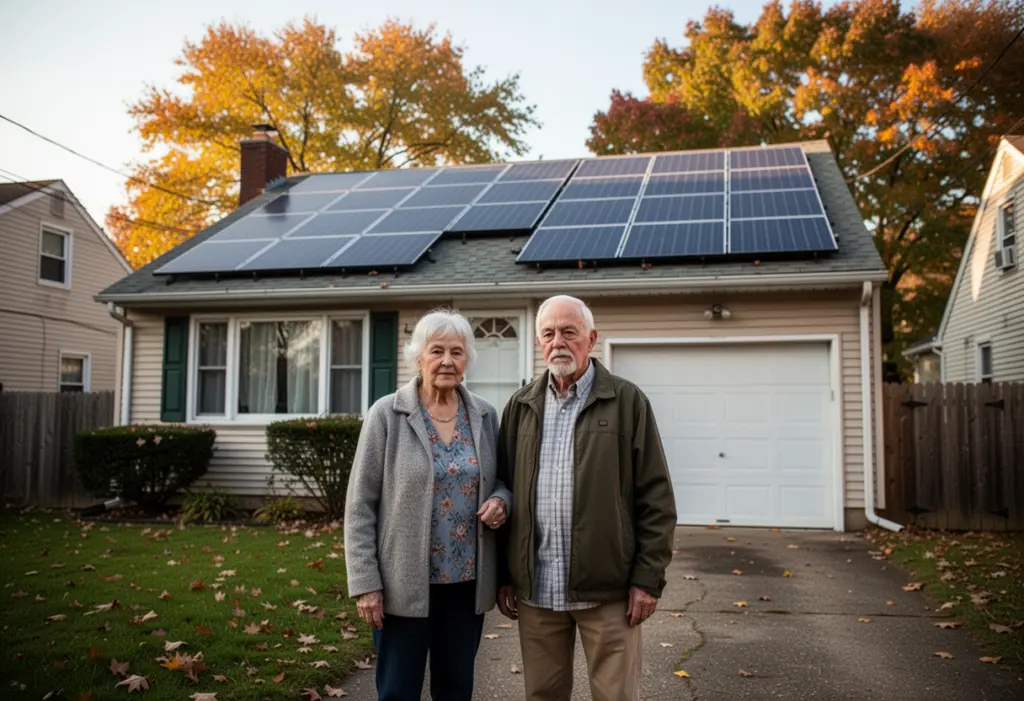 An older couple standing in the driveway of a modest single family house in New York with rooftop solar panels