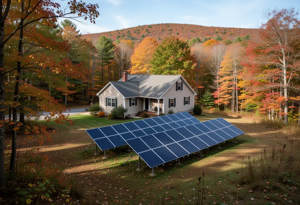 A house with a ground-mounted solar array in a clearing on a large wooded lot in Monroe County New York