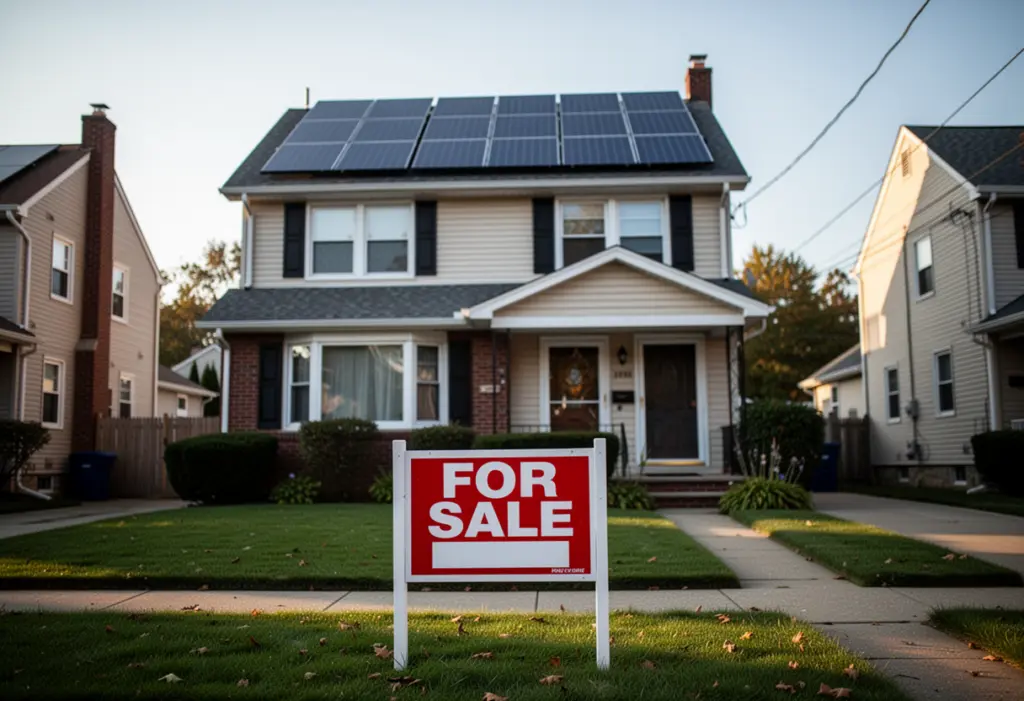 A for sale sign on the front lawn of a two storey house with rooftop solar panels in a New York suburb