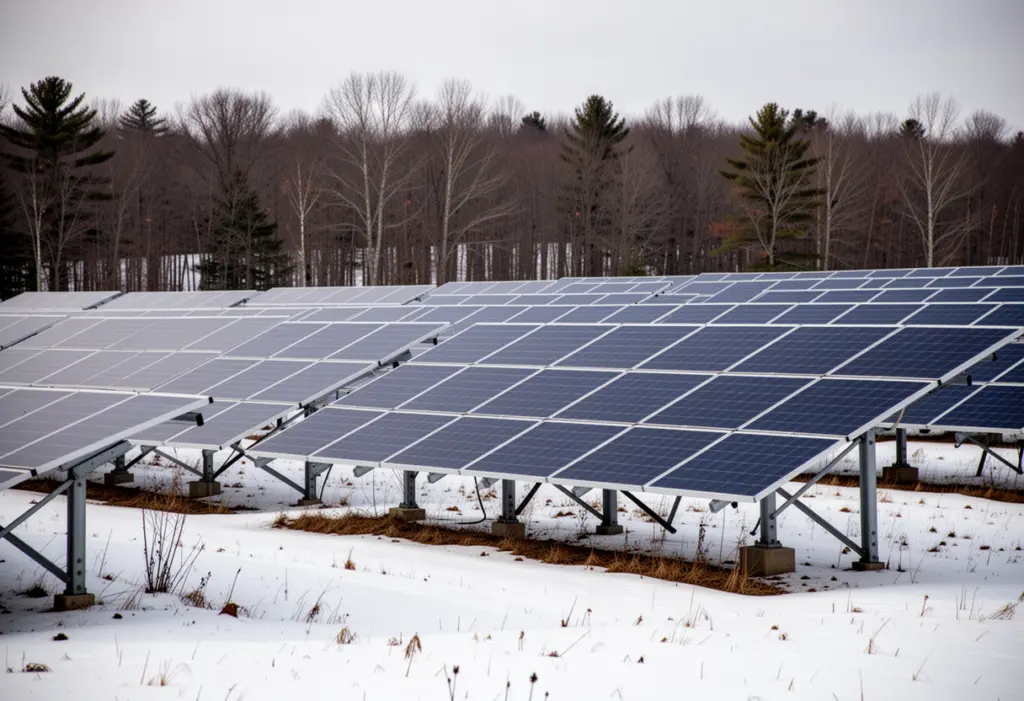 Rows of ground mounted solar panels in a snowy upstate New York field with a treeline behind