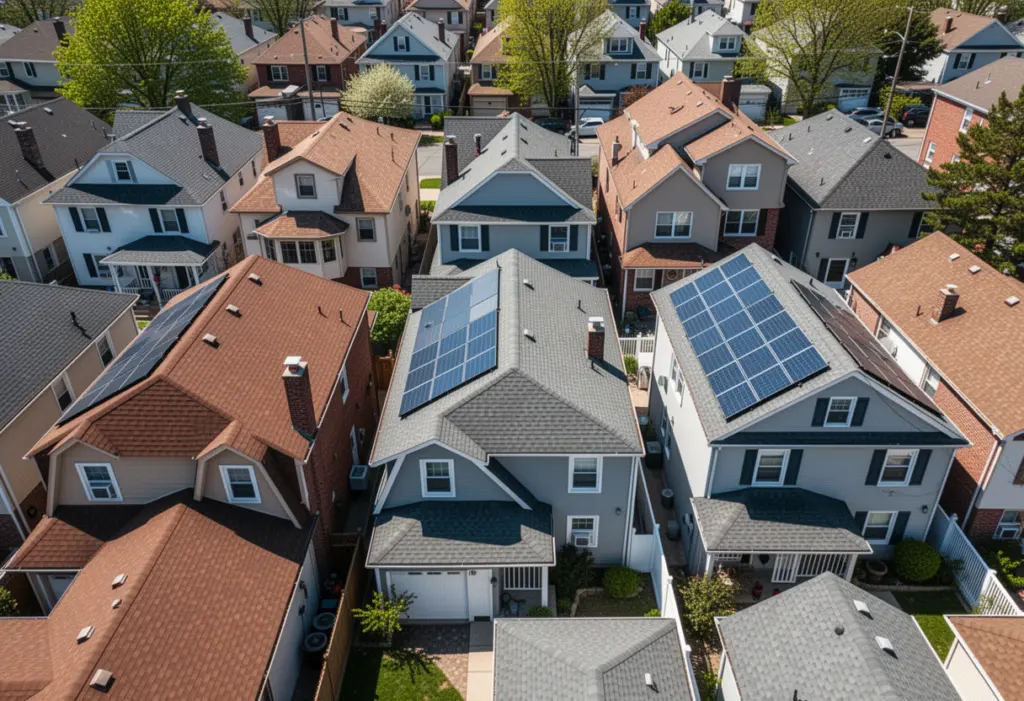 Aerial documentary photograph looking down on a suburban New York neighbourhood of pitched roofs at different orientations