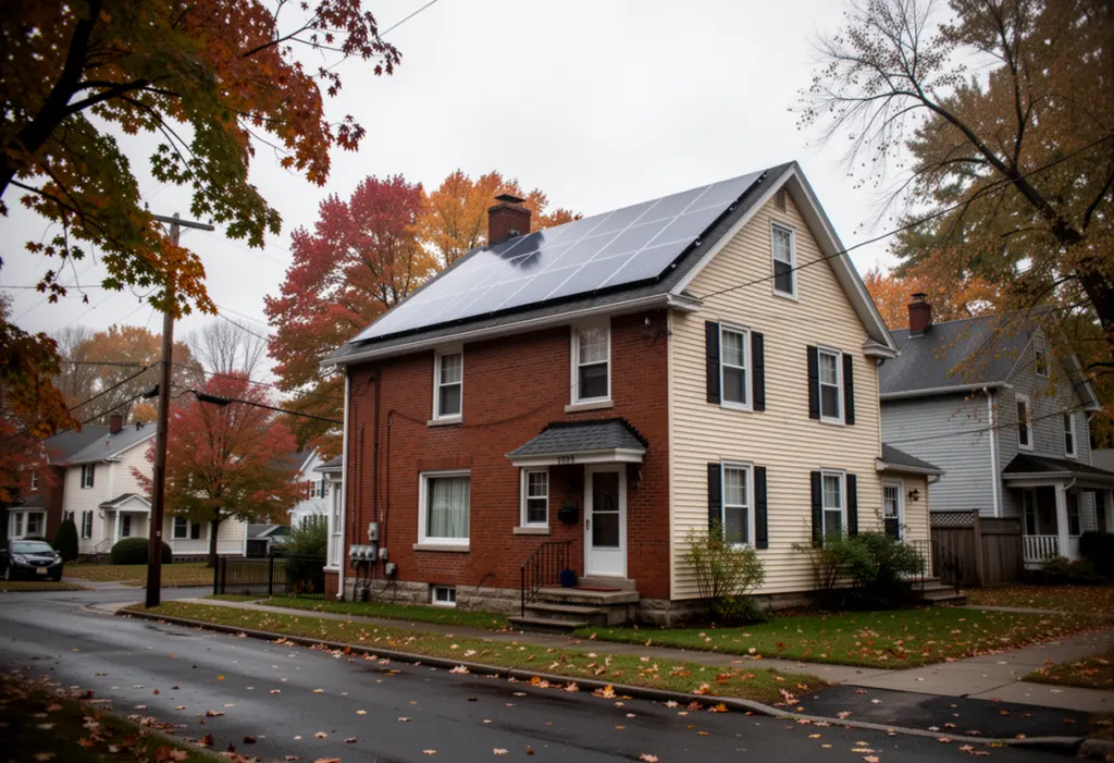 A brick and clapboard house with rooftop solar panels on a tree lined residential street in Rochester, Monroe County