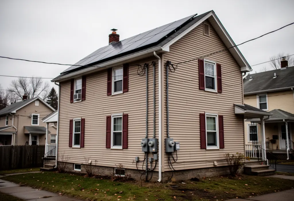 A two family house with rooftop solar panels and two separate electric meters on the side wall in a Rochester New York neighbourhood