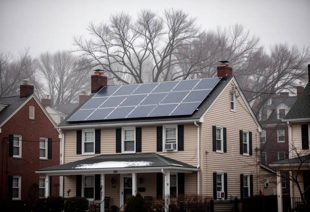 A rooftop solar array on a two storey house in a New York village on a grey winter morning, bare trees behind