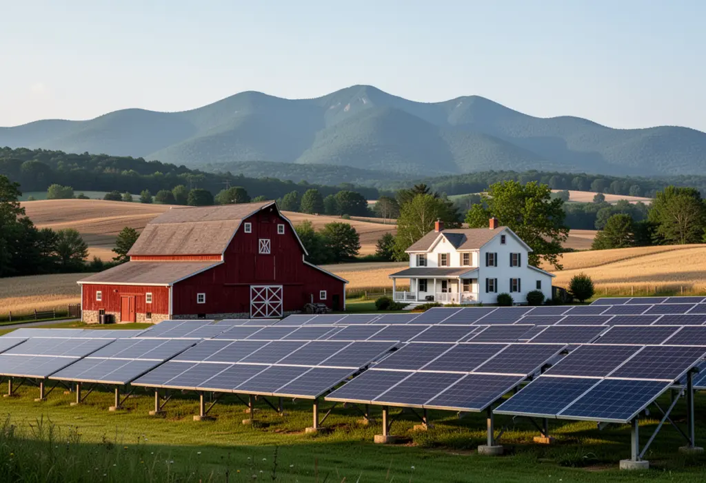A red barn and farmhouse with a ground-mounted solar array in rural eastern New York, rolling fields and the Green Mountains in the distance