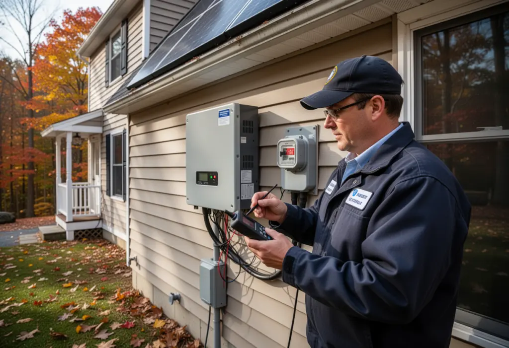 An electrical inspector examining a solar inverter and AC disconnect mounted on the exterior wall of a house in upstate New York