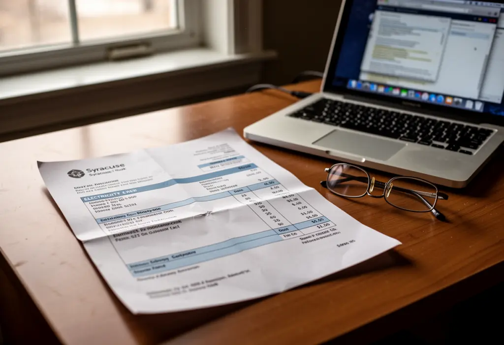 A paper electricity bill spread on a desk beside a laptop and reading glasses in a home office in Syracuse New York