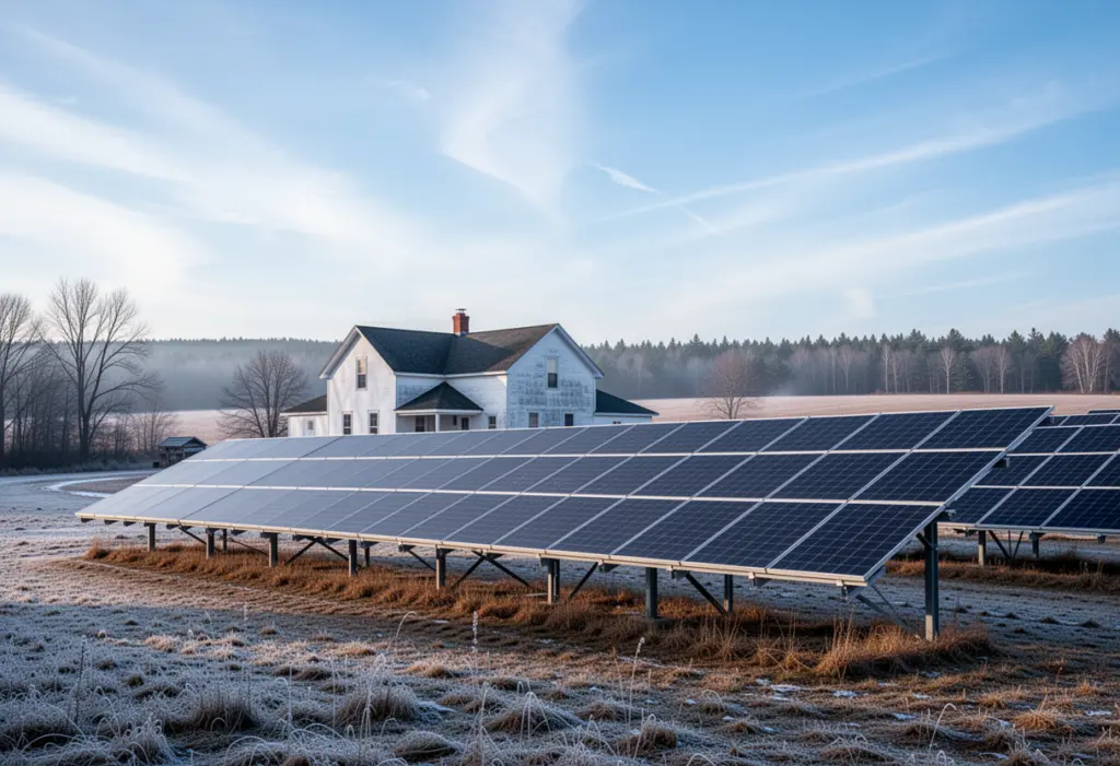 A farmhouse with a ground-mounted solar array on open farmland in far northern New York, big sky and a distant treeline