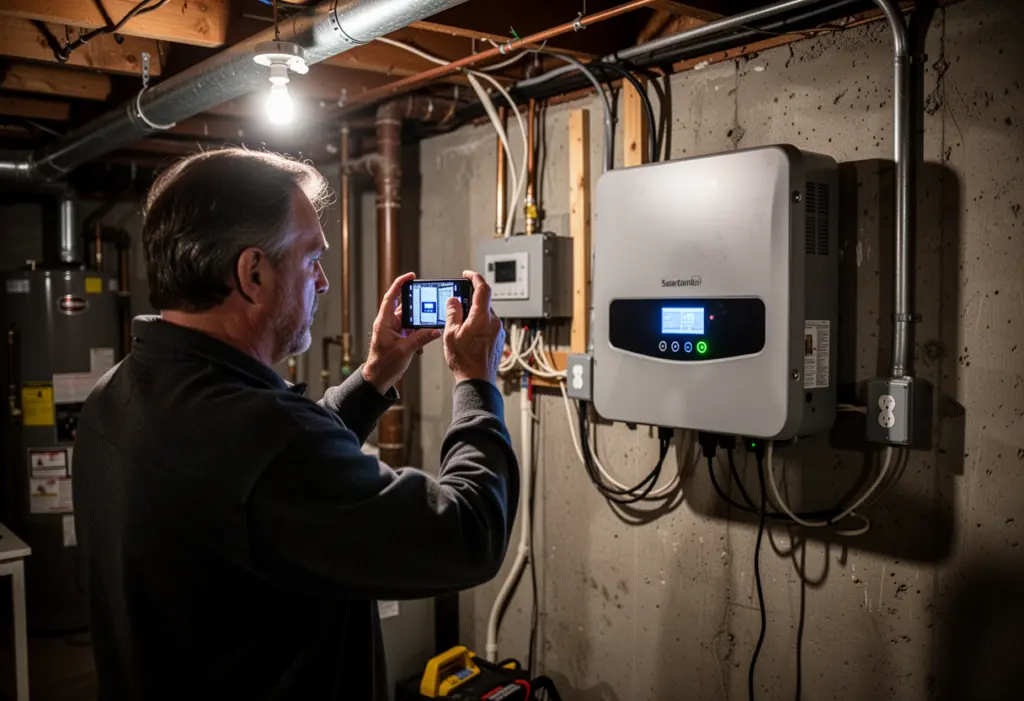 A homeowner photographing the illuminated display of a wall mounted solar inverter in a basement in Rochester New York