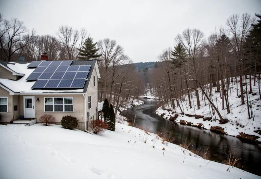 A suburban house with rooftop solar panels beside a wooded creek valley west of Syracuse in central New York, deep snow on the ground