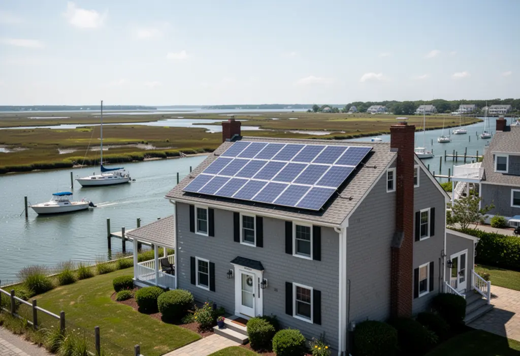 A Cape Cod house with rooftop solar panels near a canal on the Nassau County south shore, boats and flat coastal landscape