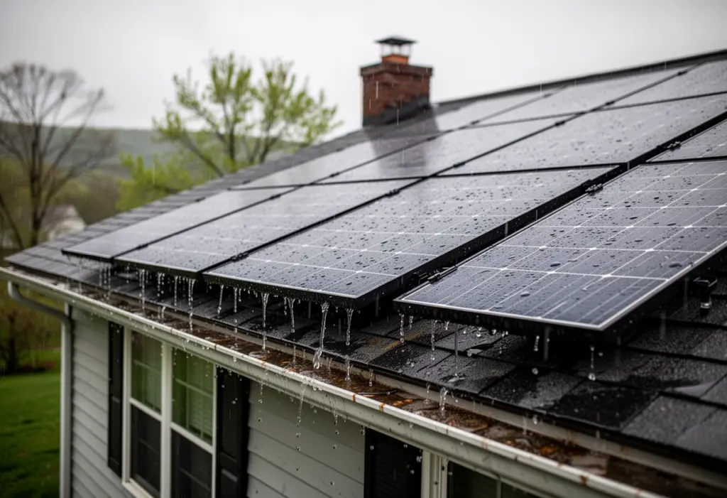 Rain running off a pitched rooftop solar array on a house in the Finger Lakes region of New York, grey wet spring afternoon