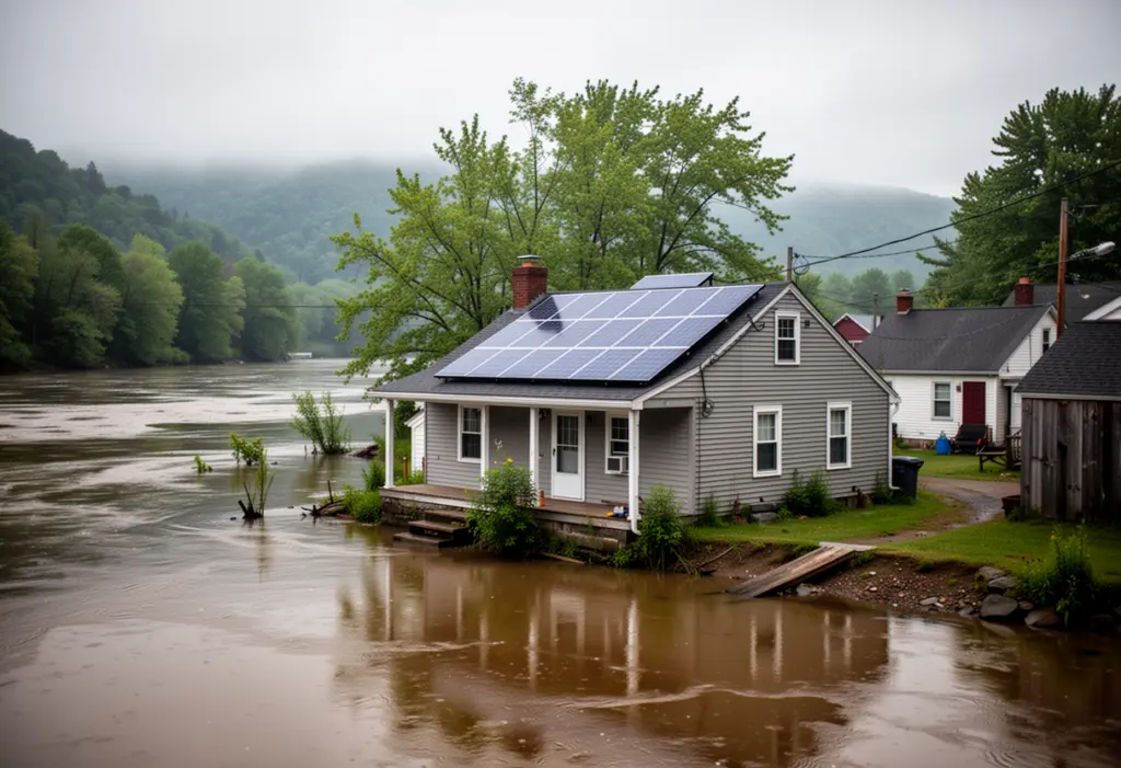 A riverside village house with rooftop solar panels near the mouth of Catskill Creek on the Hudson River in Greene County New York