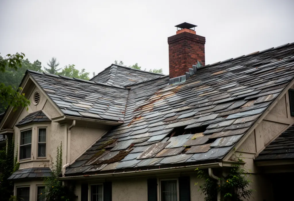 An old slate roof on a large nineteenth century house in upstate New York, weathered grey slate tiles and a brick chimney