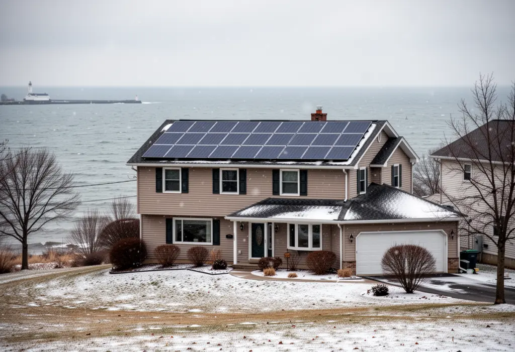 A split-level suburban house with rooftop solar panels near the Lake Ontario shore west of Rochester New York