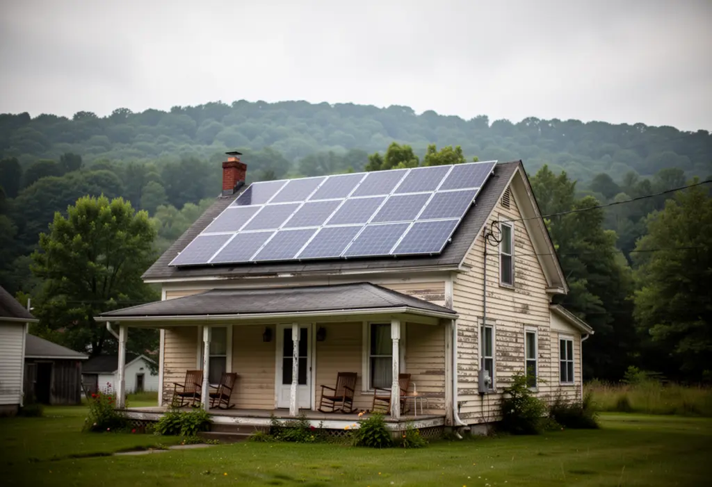A modest early twentieth century house with rooftop solar panels in the Chemung valley of New York, wooded hills behind