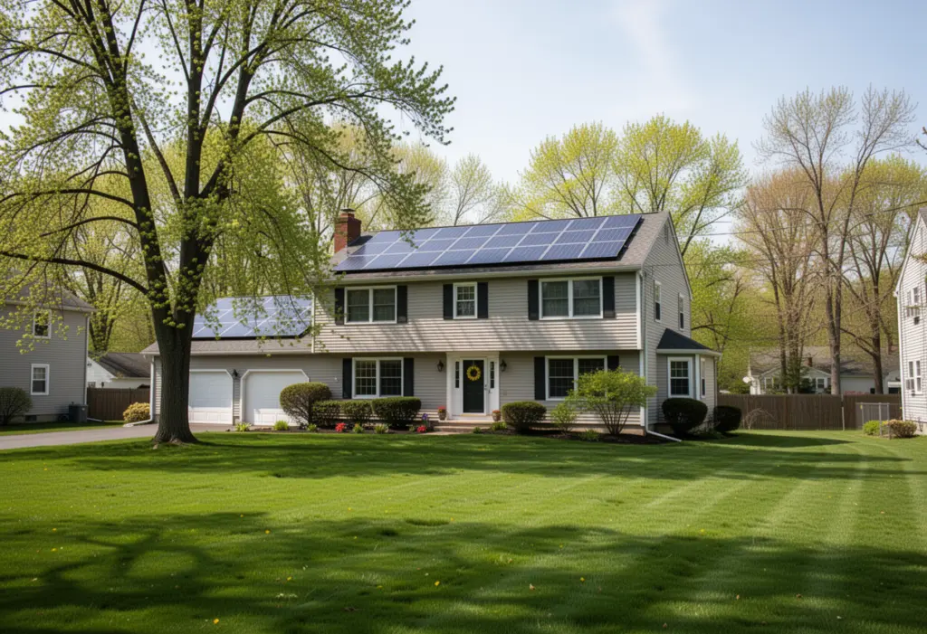 A suburban house with rooftop solar panels in Colonie New York outside Albany, mature trees and a wide lawn, clear spring morning