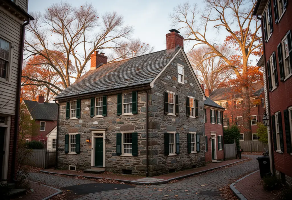 An eighteenth century stone house with a slate roof on a narrow street in the Stockade District of Kingston New York