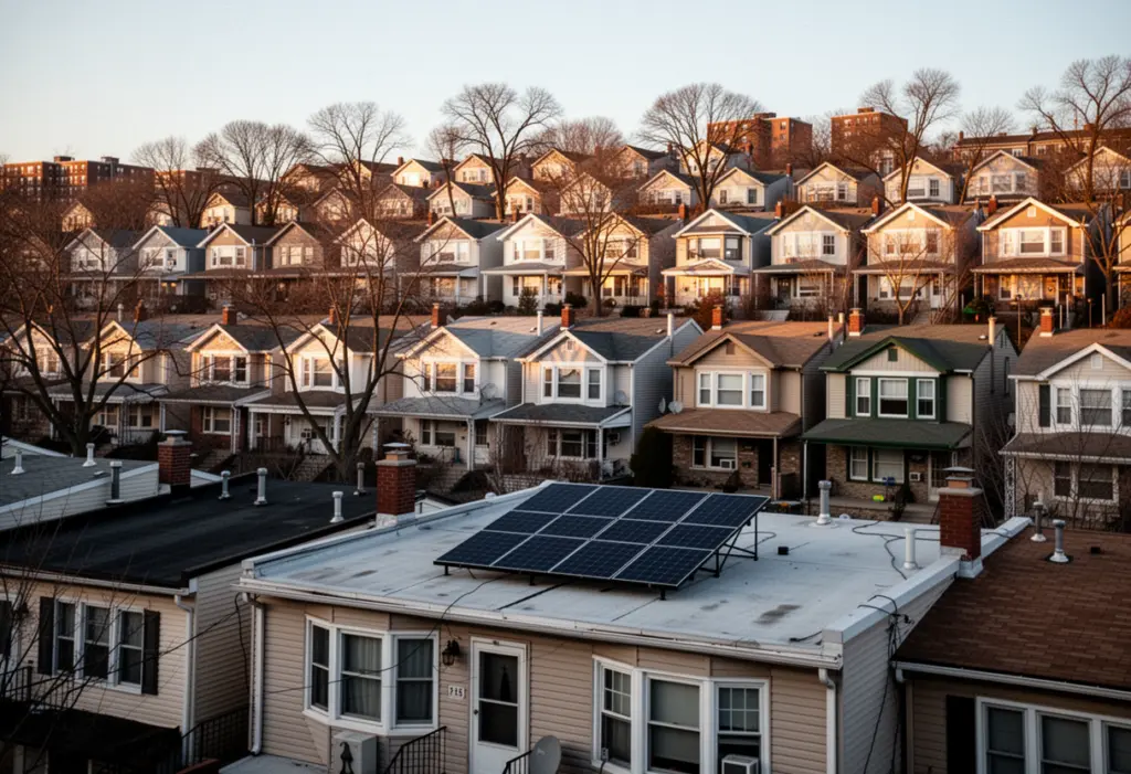 Hillside rows of two and three family houses in Yonkers, New York, a small rooftop solar array on a flat roof