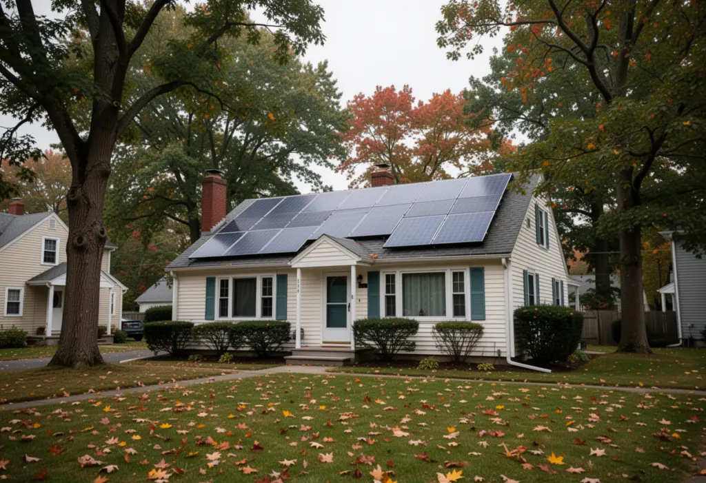 A 1950s Cape Cod house with rooftop solar panels among mature trees in a Rochester suburb, autumn leaves on the lawn