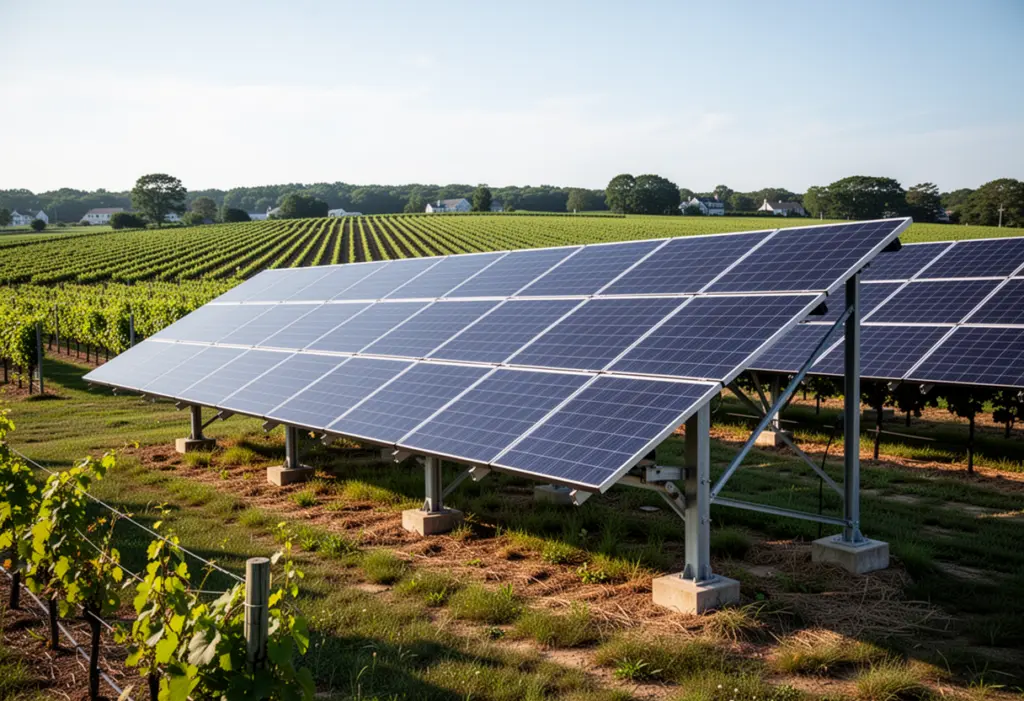 A ground mounted solar array beside a farm field on the North Fork of Long Island, rows of vines in the distance