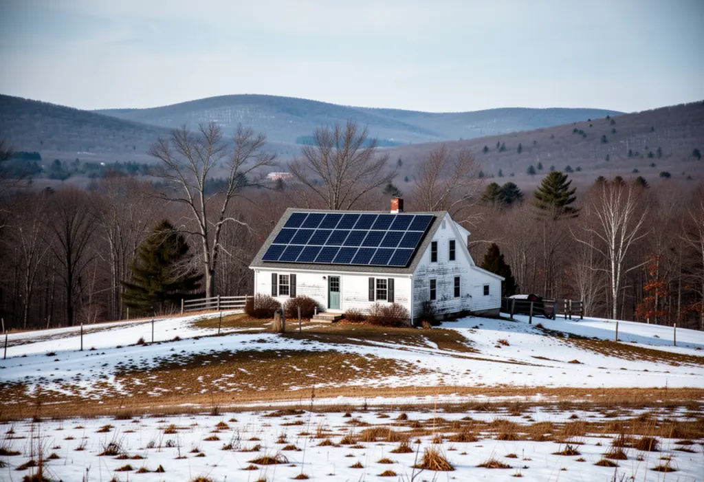 A hillside farmhouse with rooftop solar panels on the high plateau of Sullivan County New York, snow lying in the fields