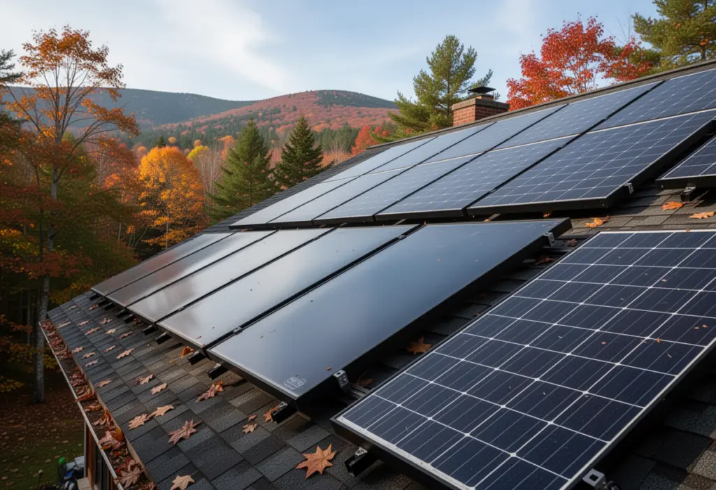 A steep roof in the Adirondack foothills carrying both flat plate solar thermal collectors and photovoltaic panels