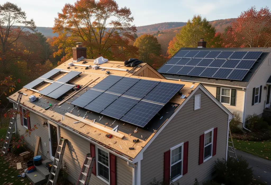 A residential roof under replacement in the Hudson Valley in New York with integrated solar roofing on one plane and rail mounted solar panels on a