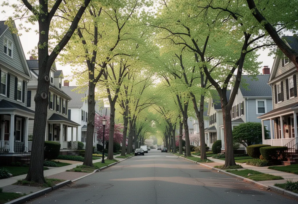 Tree lined residential streets with older colonial houses in Manhasset and Port Washington in the Town of North Hempstead