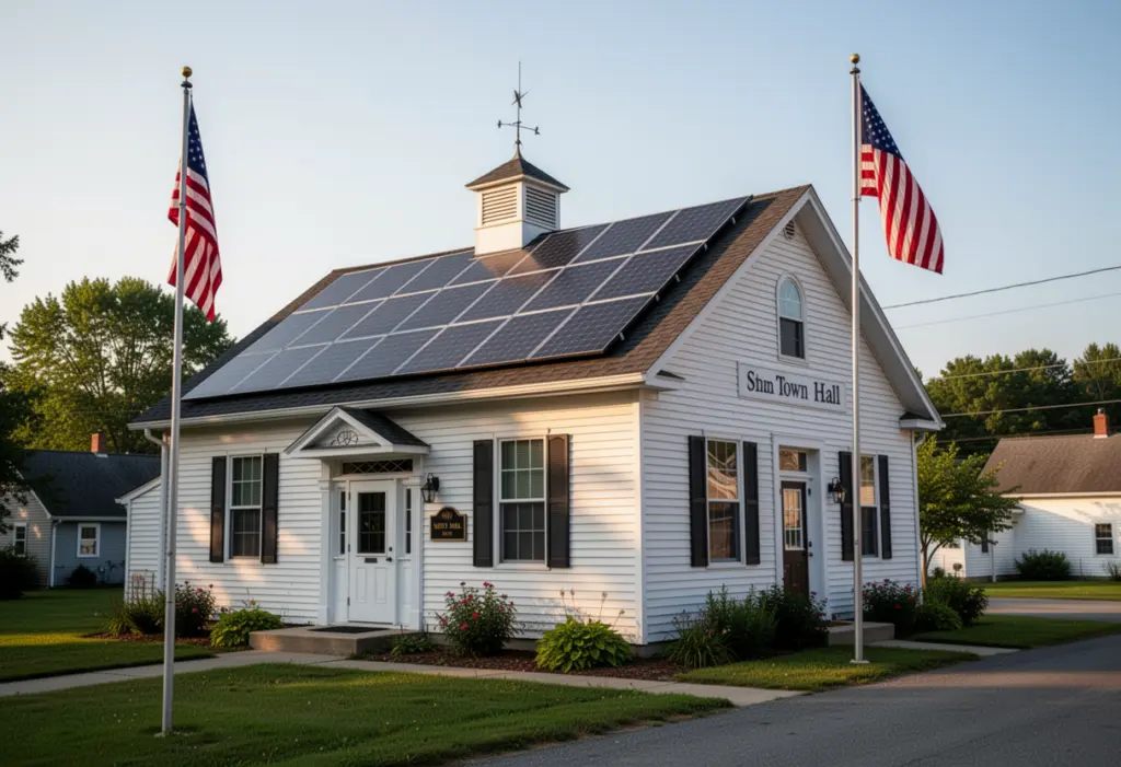 Solar panels on the roof of a small town hall building with an American flag outside in rural New York