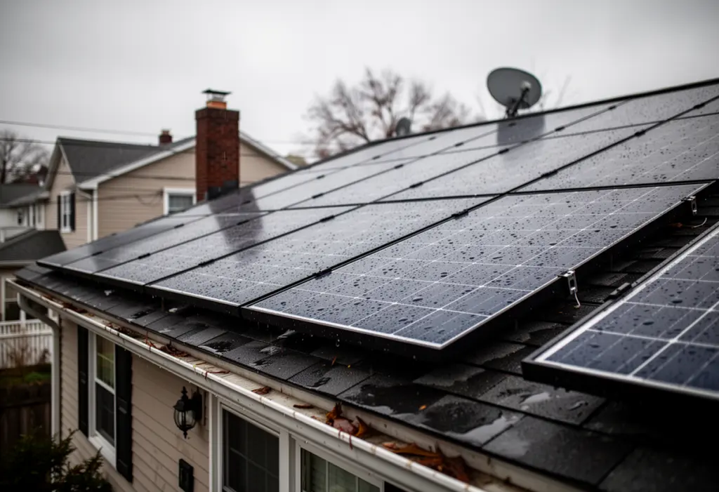 A rain-wet rooftop solar array on a suburban New York house seen from ground level, water beading on the glass, grey overcast sky