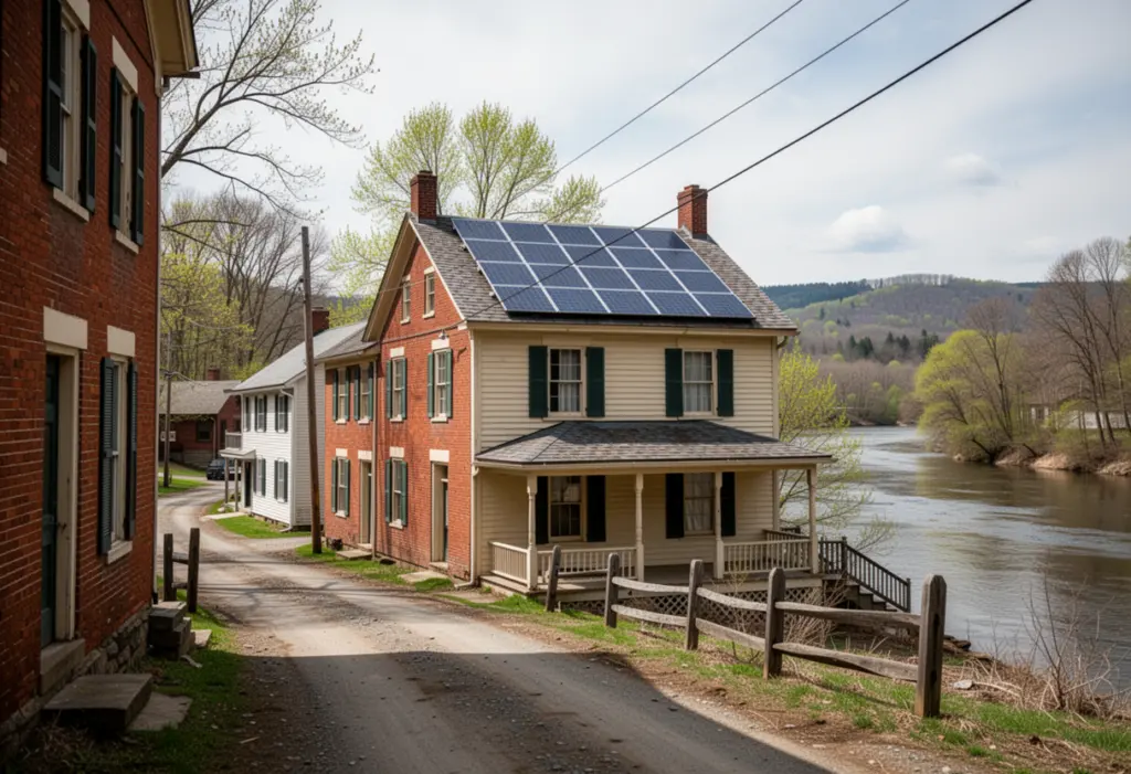 A village street of nineteenth century brick buildings with a house carrying rooftop solar panels beside the Mohawk River in Herkimer County New York
