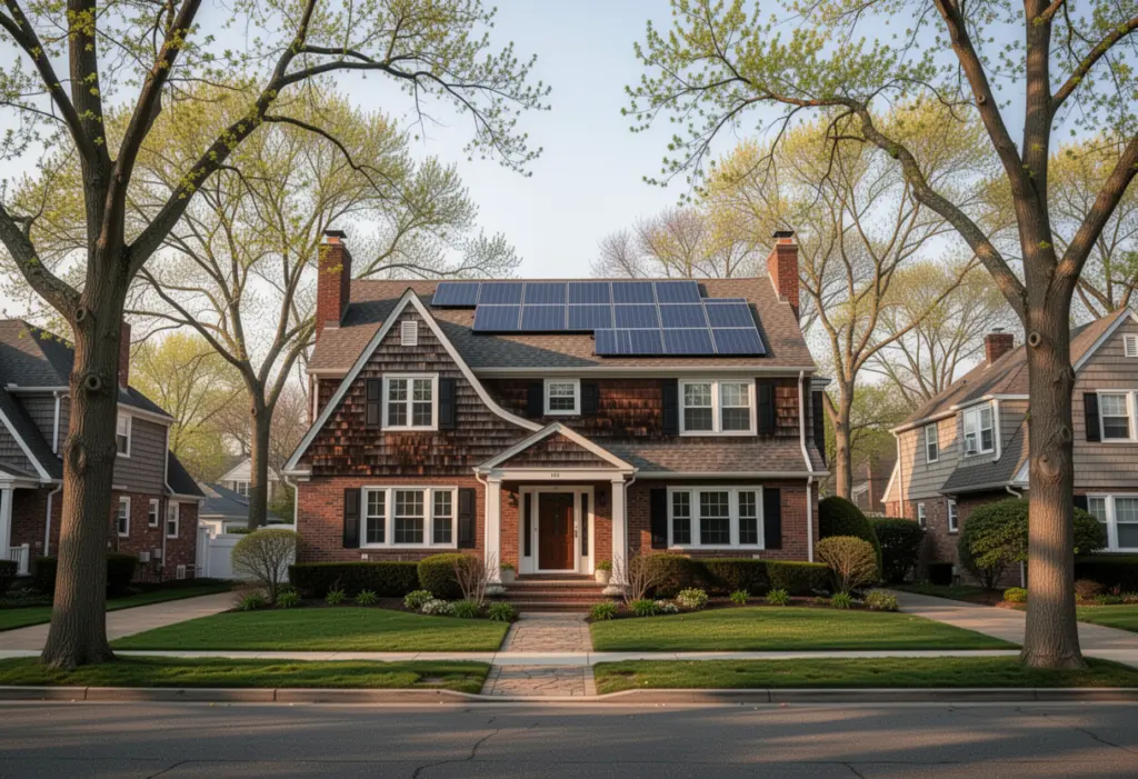 A large brick and shingle house on a broad tree lined street in Garden City Long Island with rooftop solar panels