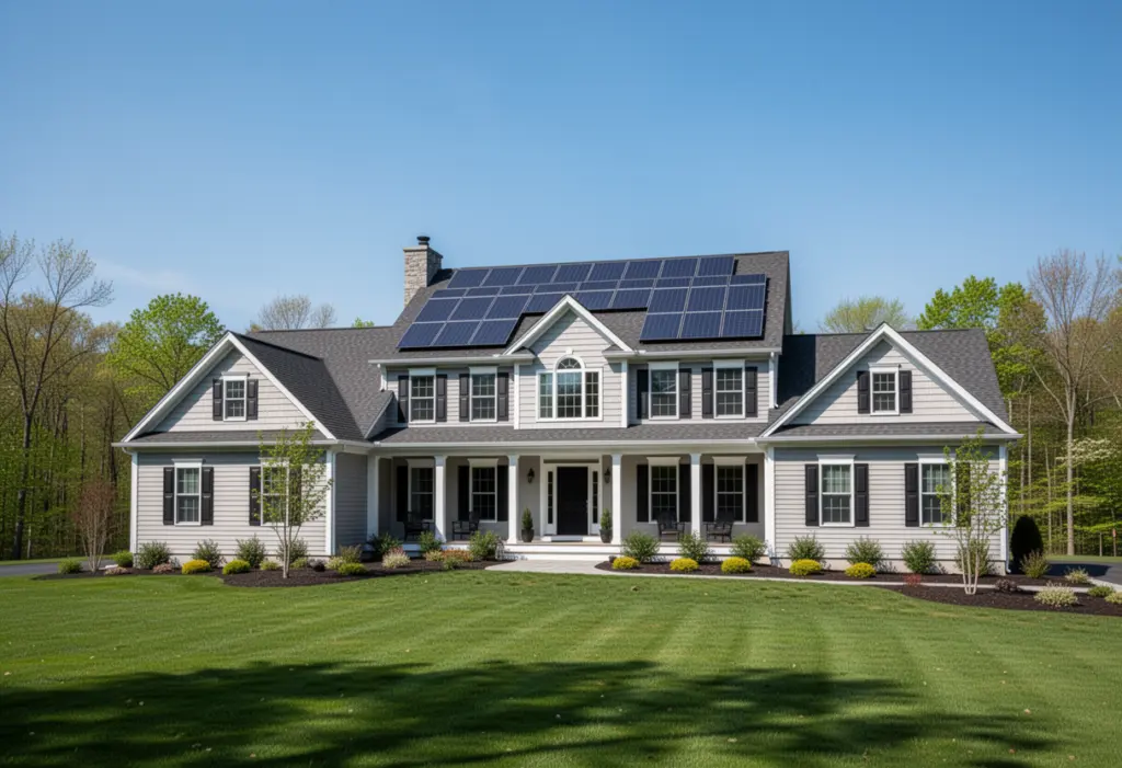 A modern colonial style suburban house with rooftop solar panels on a wide landscaped lot in upstate New York, clear blue sky