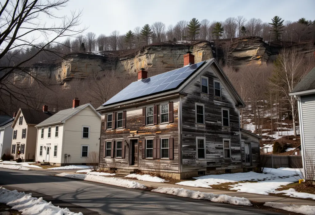 An older wood frame village house with rooftop solar panels on a shaded street below a wooded limestone ridge in central New York