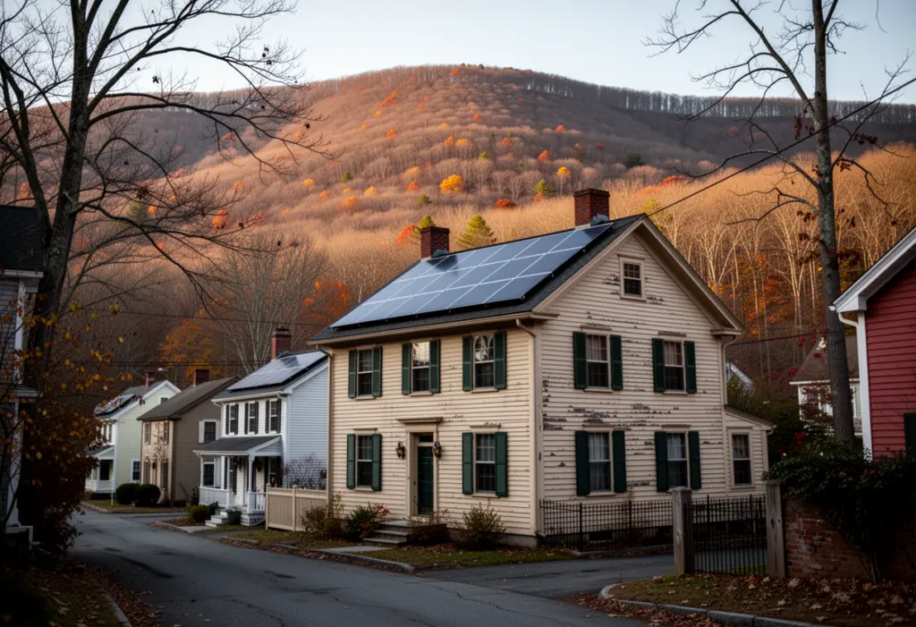 A nineteenth century clapboard house with rooftop solar panels on a narrow village street below steep wooded Hudson Highlands slopes in Putnam County New York
