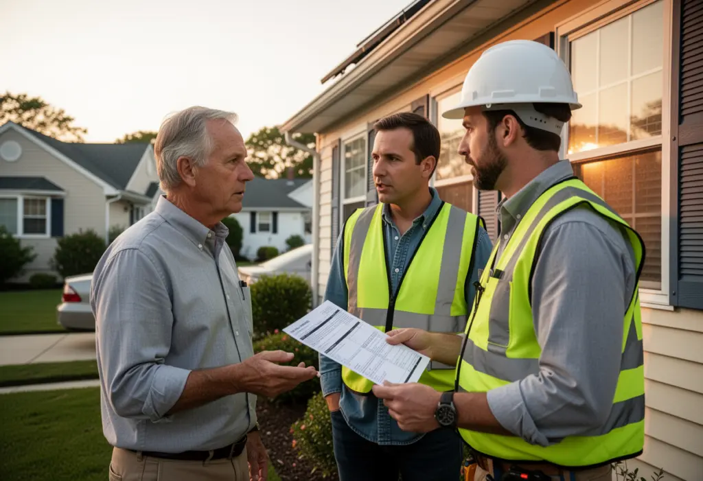 A homeowner and a solar surveyor talking beside a house with an electricity bill in hand in a Long Island neighbourhood