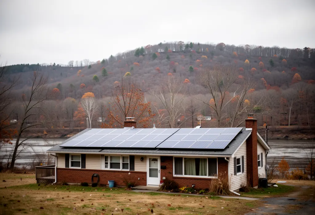 A mid century house with rooftop solar panels on the Susquehanna river flats in Vestal New York, wooded hillside rising behind it