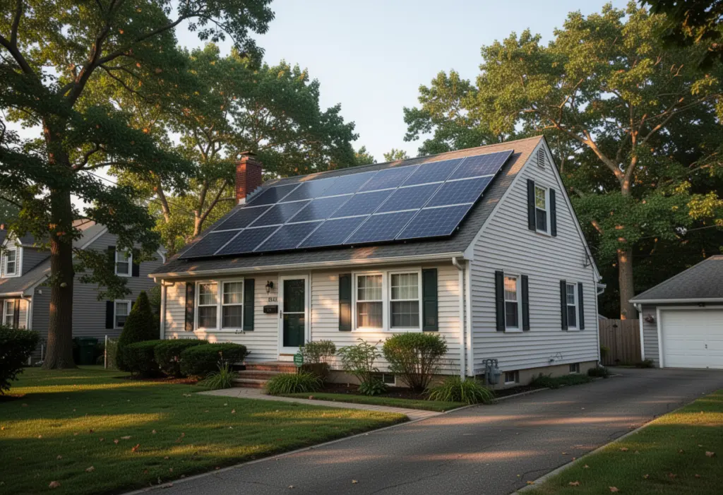 A postwar cape style house with a solar array on the south facing roof in a Long Island suburb, mature trees and a driveway
