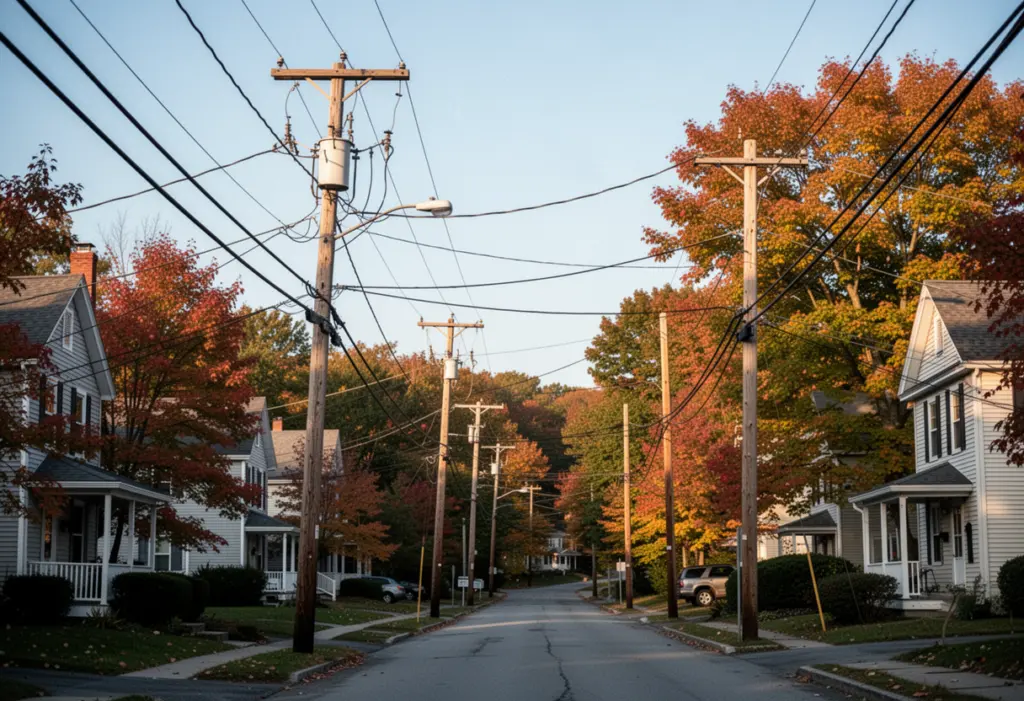Electrical distribution poles and wires along a residential street in upstate New York, autumn trees