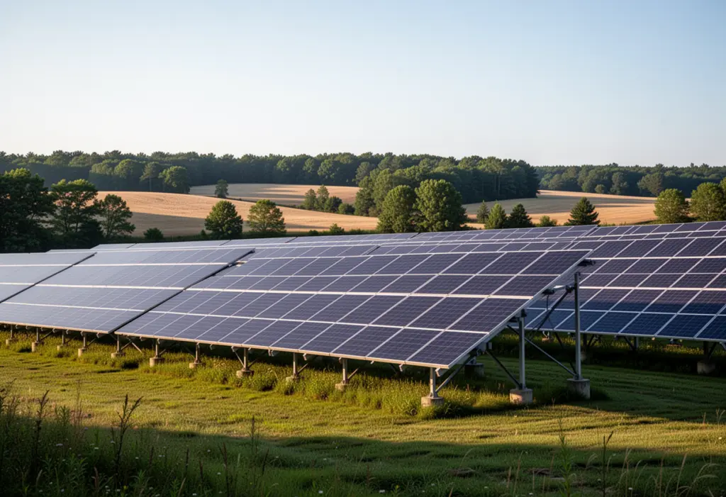 A large ground-mounted solar array in a field in New York State seen from a distance, rolling farmland and a treeline