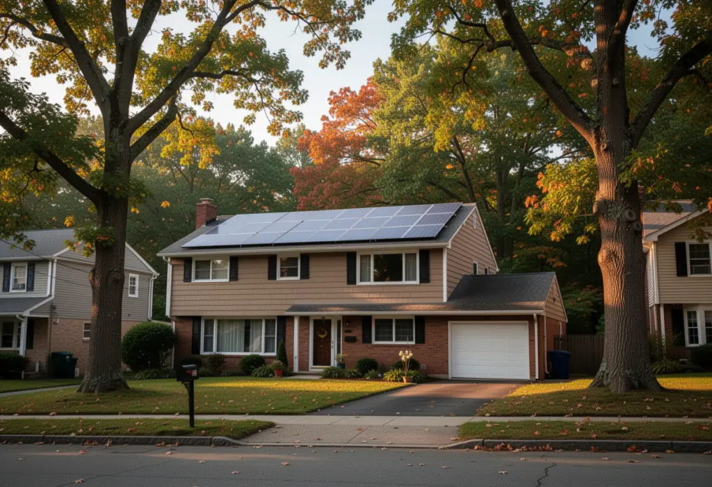 A mid century split level house with rooftop solar panels on a leafy residential street in southern Rockland County New York