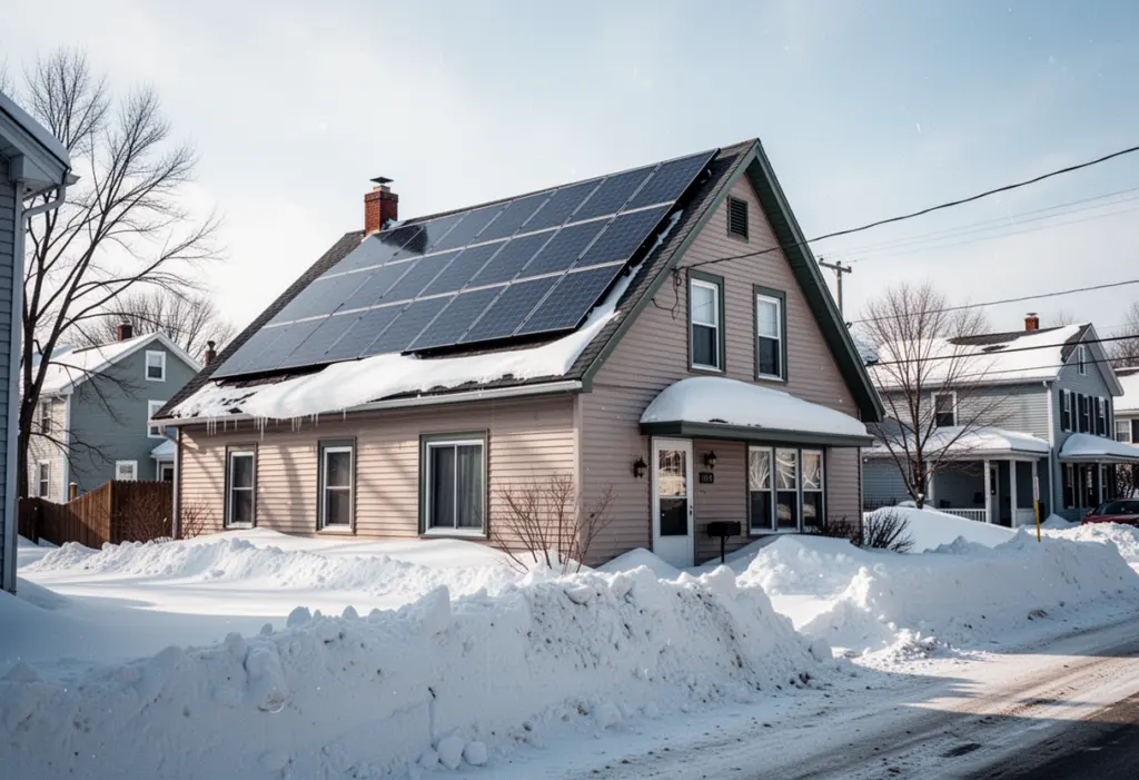 A steep-roofed house with rooftop solar panels in Watertown New York, deep snow banks along the street