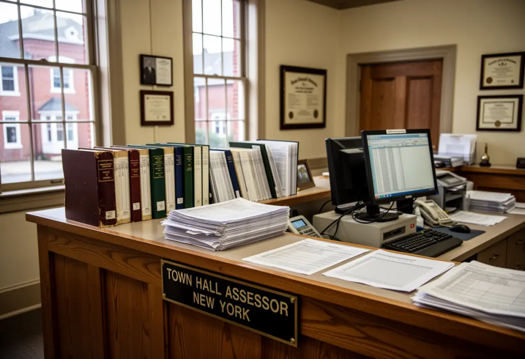 A town hall assessor office counter with property record books and a computer terminal in a small New York town